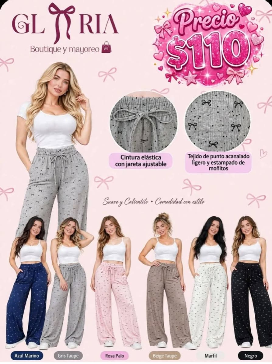Pantalón amplio de punto acanalado con moñitos